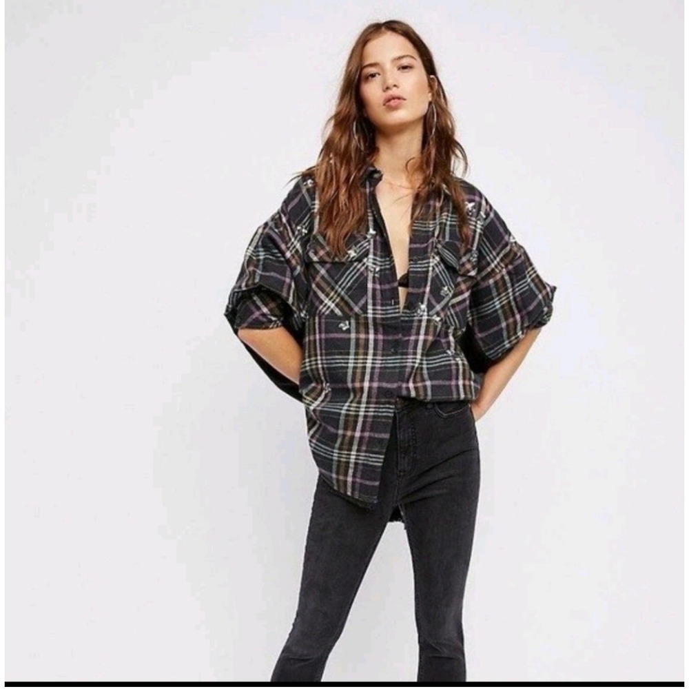 NEW $168 Free People Womens S Constellations Within Plaid Sequin Star Blak